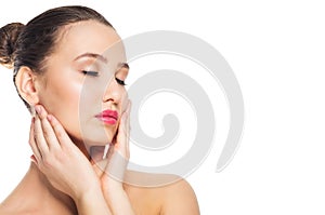 Beauty spa woman touching her face. Perfect fresh skin. Youth and skin care concept