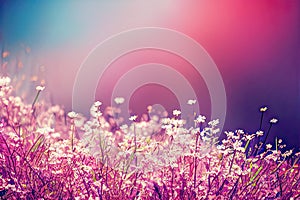 beauty of spring to life with bright and vivid illustration of a blooming field. Abstract representation of white purple