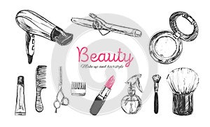 Beauty store background with make up artist and hairdressing objects lipstick, cream, brush. Template Vector