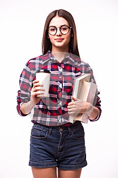 Beauty student girl and books drink tea or coffee from paper cup