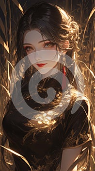 beauty style anime woman in qipao. wearing hair ornament