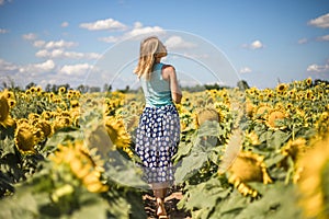 Beauty sunlit woman on yellow sunflower field Freedom and happiness concept. Happy girl outdoors