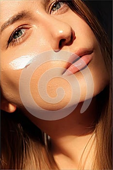 Beauty, suntan spf and skincare cosmetics model face portrait, woman with moisturising cream, sunscreen product or sun