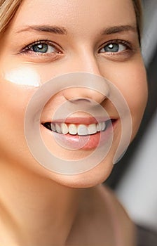 Beauty, suntan spf and skincare cosmetics model face portrait, woman with moisturising cream, sunscreen product or sun