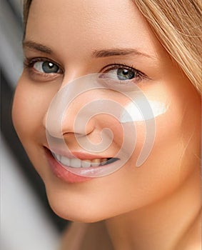 Beauty, suntan spf and skincare cosmetics model face portrait, woman with moisturising cream, sunscreen product or sun