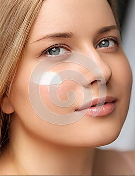 Beauty, suntan spf and skincare cosmetics model face portrait, woman with moisturising cream, sunscreen product or sun tan lotion