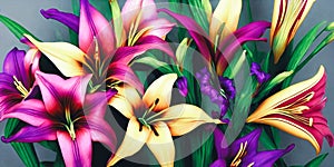 Beauty of symmetry by arranging an assortment of vibrant lilies. Panorama