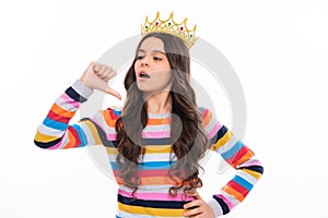 Beauty teen girl queen wear crown. Child in princess diadem. Serious teenager girl.