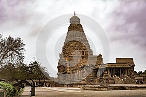 Beauty of Thanjavur Temple with colourfull clouds photo