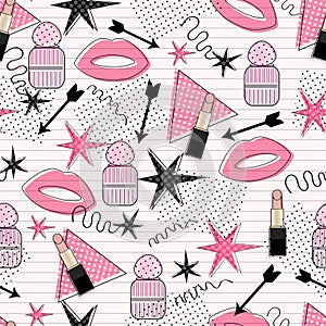 Glamorous make-up seamless with lipstick, parfum, kisses and stars, pink background