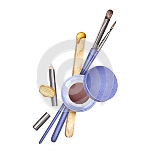 Beauty tools. Eyebrow shaping. Hair plucking, eyebrow tinting. Hair removal with wax. Watercolor illustration. Beauty