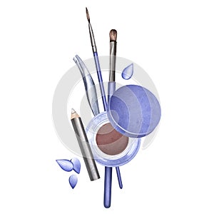 Beauty tools for eyebrow shaping. Hair thinning with tweezers, eyebrow tinting. Facial hair removal. Watercolor