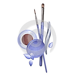 Beauty tools for eyebrow shaping. Hair thinning with tweezers, eyebrow tinting. Facial hair removal. Watercolor