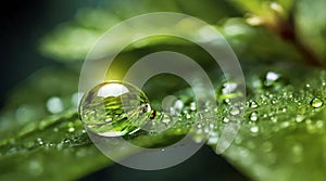 Beauty transparent dew drop of water on a green leaf macro with sun glare. Created using generative Ai tools