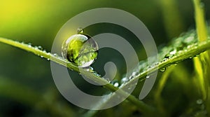 Beauty transparent dew drop of water on a green leaf macro with sun glare. Created using generative Ai tools