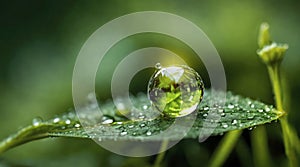 Beauty transparent dew drop of water on a green leaf macro with sun glare. Created using generative Ai tools
