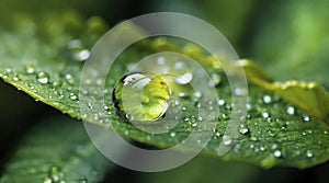 Beauty transparent dew drop of water on a green leaf macro with sun glare. Created using generative Ai tools