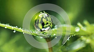 Beauty transparent dew drop of water on a green leaf macro with sun glare. Created using generative Ai tools