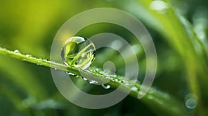 Beauty transparent dew drop of water on a green leaf macro with sun glare. Created using generative Ai tools