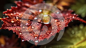 Beauty transparent dew drop of water on a red maple leaf macro with sun glare. Created using generative Ai tools