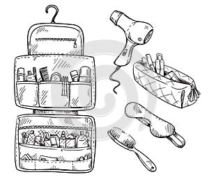 Beauty travel kit wash bag, set of travel necessities. Vector sketch photo