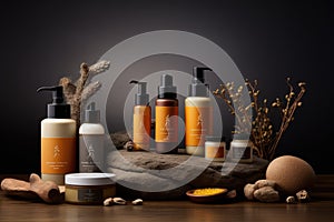 beauty treatment and cosmetic product package on wooden table and black background, An eco-friendly cosmetics line that embodies