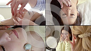 Beauty treatments in salon, collage of shots about face massage and consultation with aesthetician