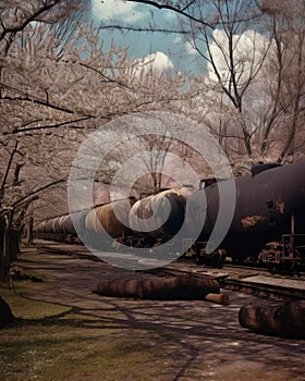 The beauty of the trees in bloom is contrasted by the harshness of the broken tanks rusting in the background. Abandoned