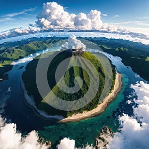 The beauty tropical landscape of Oceania, top view to Rabaul near Tavurvur volcano. New Britain Island, Papua New