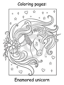 Beauty unicorn with flowers and stars coloring vector