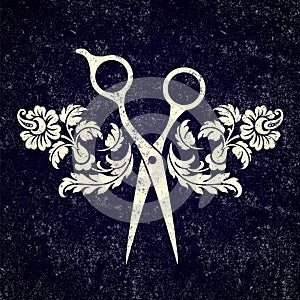 Beauty vector salon logo, barbershop logotype. Scissors and flowers. Hairdresser icon.