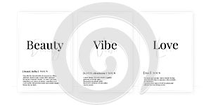 Beauty, vibe, love definition, vector