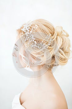 Beauty wedding hairstyle. Bride. Beautiful hairstyle rear view.