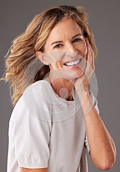 Beauty, wellness and portrait of senior woman with smile on face for skincare, body care and anti aging beauty products
