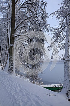 The beauty of a winter\'s day is on display in this image of Bernardinai Lake in Trakai, Lithuania