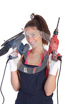 Beauty woman with auger and sander