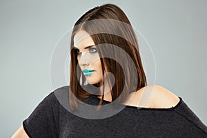 Beauty woman with blue lips, streight hair.