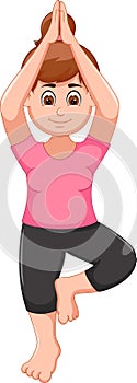 Beauty woman cartoon exercing yoga sport standing on one leg