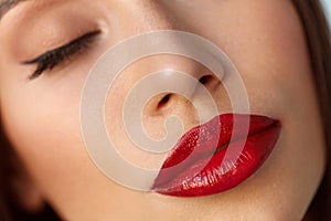 Beauty Woman Face With Beautiful Makeup And Red Lips