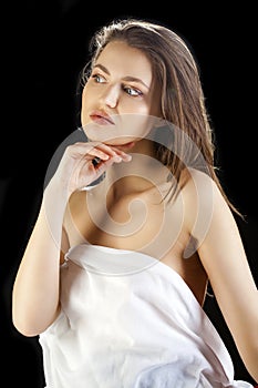 Beauty woman face closeup isolated on black background