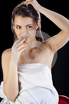 Beauty woman face closeup isolated on black background