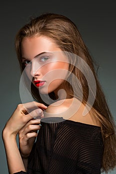 Beauty woman face closeup isolated on black background. Beautiful