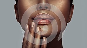 Beauty woman face closeup, lips and nails close-up, beautiful African American model girl`s mouth, healthy skin. Make-up