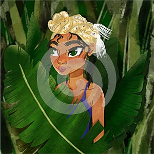 Beauty Woman Face With Green Leave Around Face. Skin care, pure beauty, cosmetics concept .Young green-eyed girl looking through