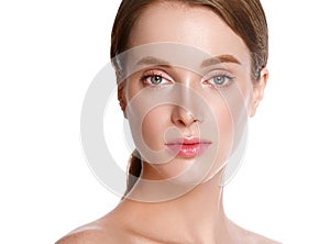 Beauty Woman face with hand Portrait. Isolated on a white backg