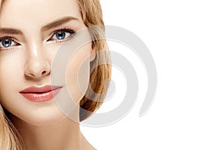 Beauty Woman face Portrait. Beautiful Spa model Girl with Perfect Fresh Clean Skin