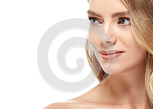 Beauty Woman face Portrait. Beautiful Spa model Girl with Perfect Fresh Clean Skin