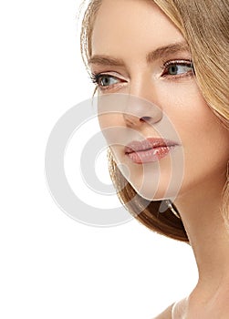 Beauty Woman face Portrait. Beautiful Spa model Girl with Perfect Fresh Clean Skin