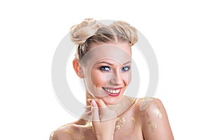 Beauty Woman face Portrait. Beautiful Spa model Girl with Perfect Fresh Clean Skin. Blonde female looking at camera and smiling.