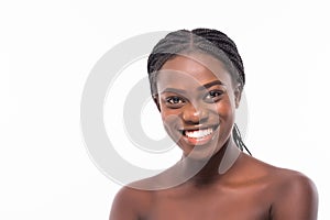 Beauty African Woman face Portrait. Beautiful Spa model Girl with Perfect Fresh Clean Skin. Brunette female looking at camera and